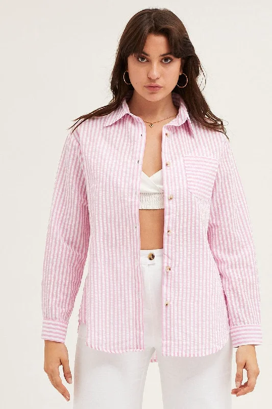 Stripe Shirt Long Sleeve Cotton Elegant Women's 