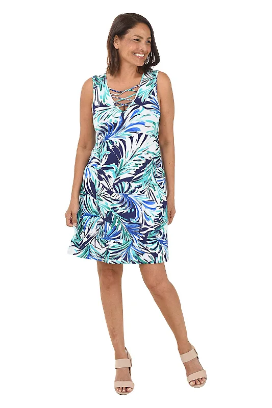 Palm Frond Lattice Neck Sleeveless Dress Confident Women's Power