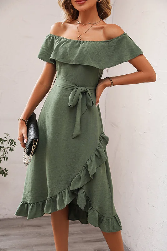 Ruffle Design Solid Round Neck Casual Dress Women