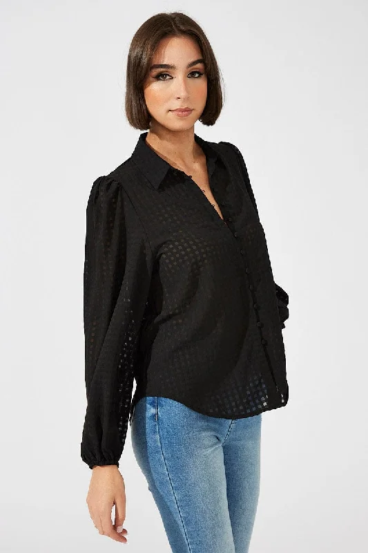 Black Shirt Long Sleeve Texture Youthful Women's Pop