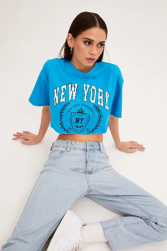 Blue Crop T Shirt Short Sleeve Crew Neck New York Practical Women's Multi - 