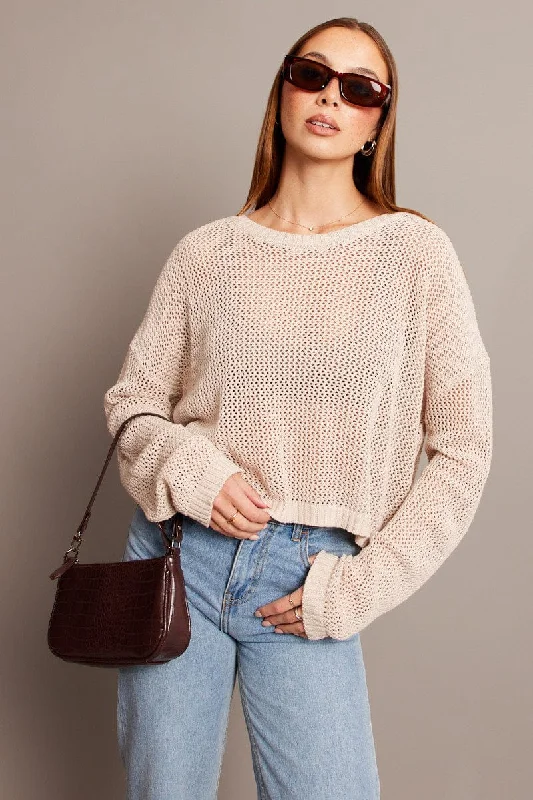Beige Crochet Knit Top Boat Neck Long Sleeve Streetwear Style for 