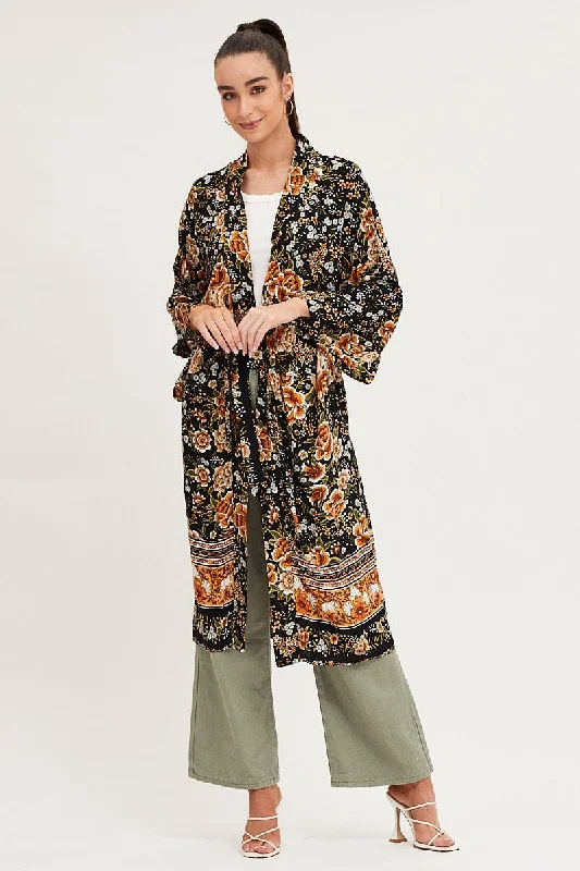 Boho Print Long Sleeve Longline Kimono Practical Women's Multi - 