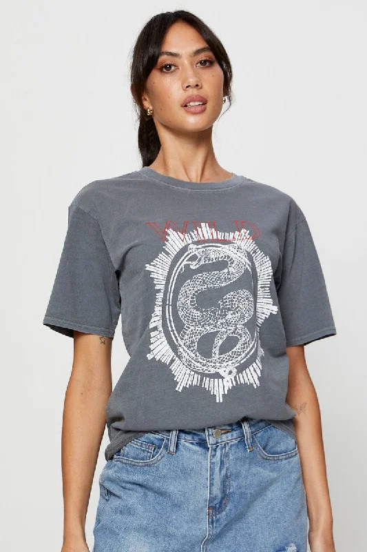 Grey Graphic T Shirt Short Sleeve Cool Women's Skate