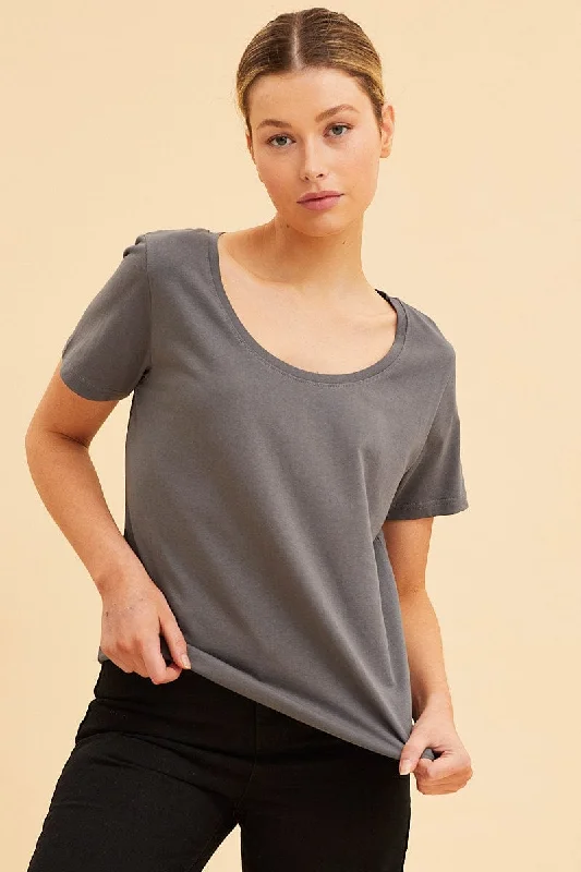 Grey Relaxed T-Shirt Scoop Neck Short Sleeve Modern Women's 