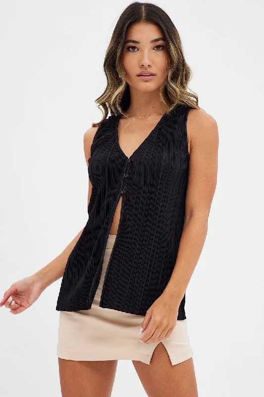 Black Top Sleeveless V Neck Buttons Details Plisse Monochromatic Office Style