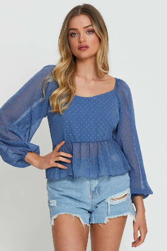 Blue Peplum Top Long Sleeve Hip Women's Retro