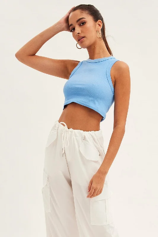 Blue Tank Top Sleeveless Crew Neck Refined Women's Hand - crafted
