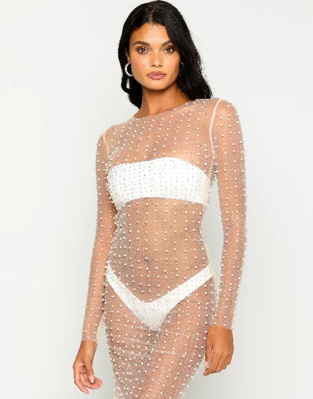Champagne Nights Pearl Mesh Dress - Nude Minimalist Women's Casual