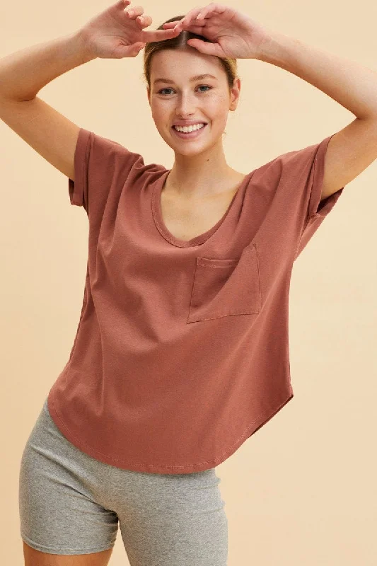 Brown Pocket Tee Scoop Neck Cotton Stretch Short Sleeve Feminine Women's Style 