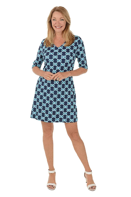 Blue Double Medallion V-Neck UPF50+ Dress Unique Women's Upcycled