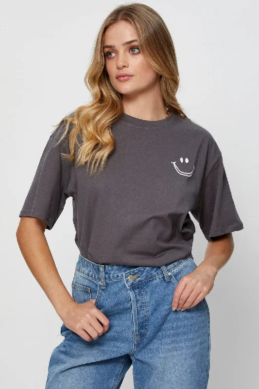 Grey Graphic T Shirt Short Sleeve Youthful Women's Anime - inspired