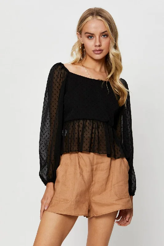 Black Peplum Top Long Sleeve Youthful Women's Pop