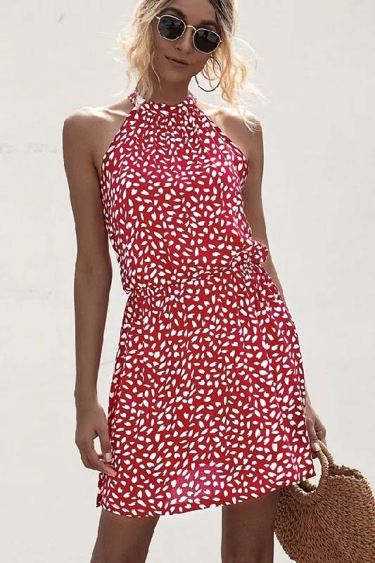 Polka Dot Print Halter Neck Casual Dress Women