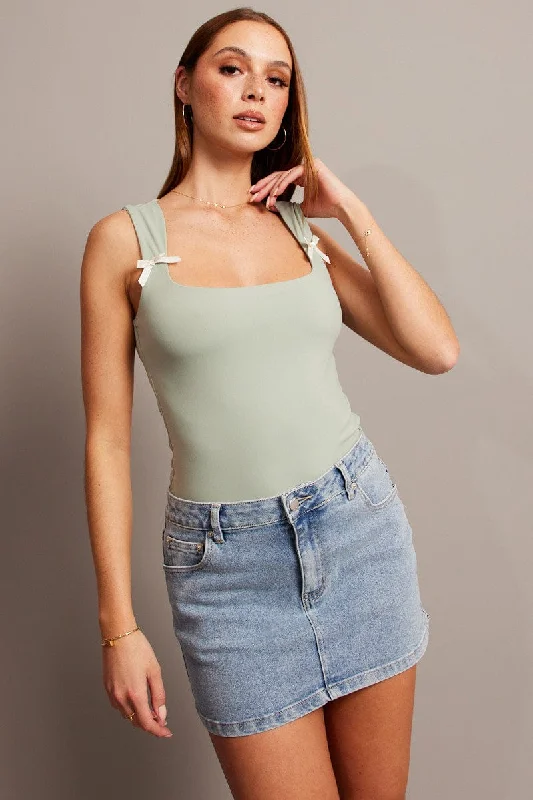 Green Supersoft Tank Scoop Neck Sleeveless Ribbon Minimalist Women's Casual
