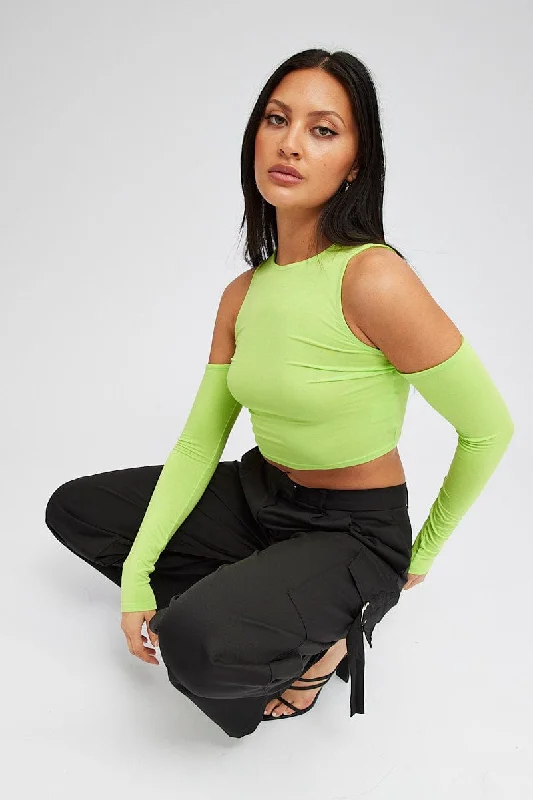 Green Top Long Sleeve Mock Neck Cold Shoulder Jersey Sophisticated Women's Tailored