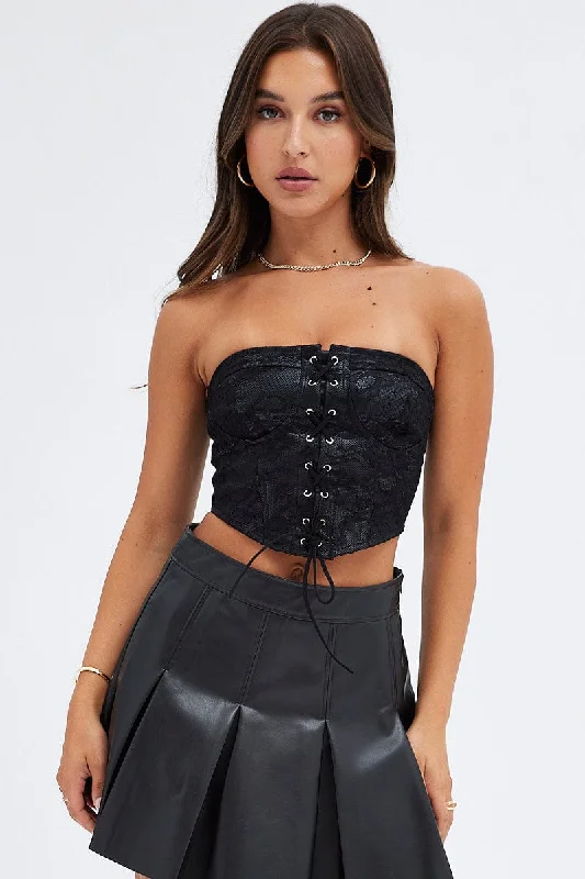 Black Corset Top with Lace Sleeveless Sporty Women's Athleisure 