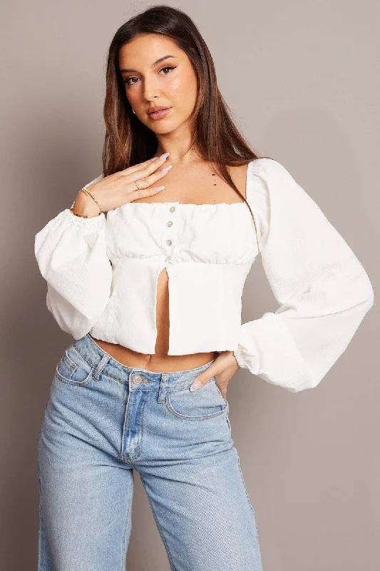 White Top Long Sleeve Square Neck Ruched Bust Disco
