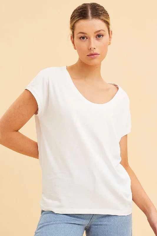 White Relaxed T-Shirt Scoop Neck Drop Shoulder Elegant Women's Formal 