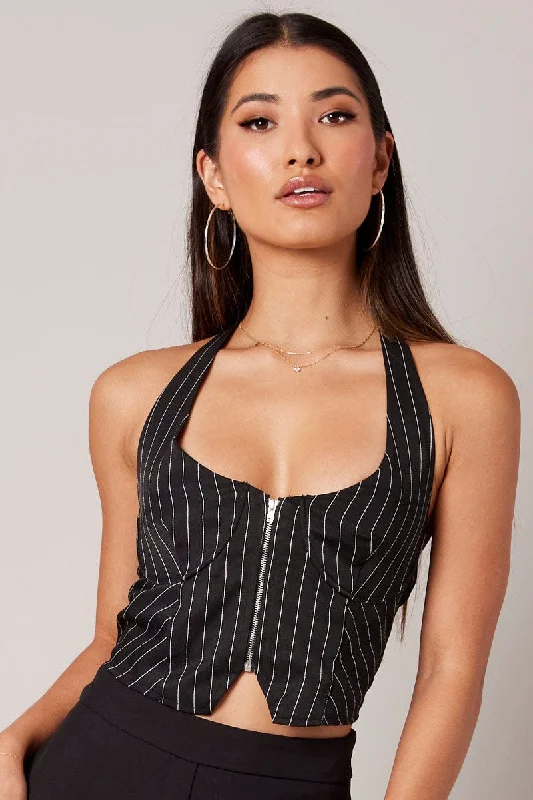 Black Stripe Halter Top Underwire Pinstripe Crop Top British Gentlewoman Style