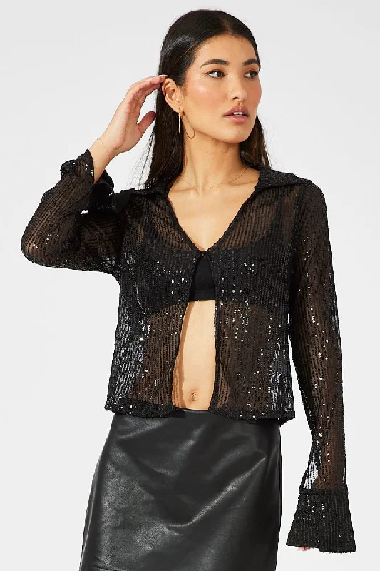 Black Bolero Long Sleeve Sequins Sleek Women's Metallic