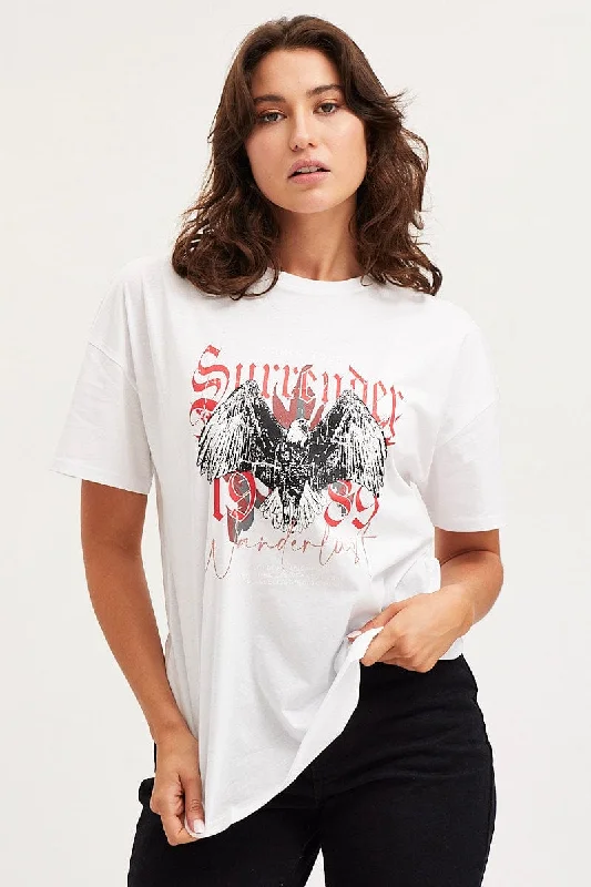 White Graphic T Shirt Short Sleeve Relaxed Women's Beachy