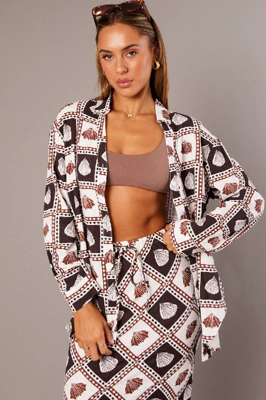 Brown Abstract Relaxed Shirt Long Sleeve Linen Blend Cozy Women's Winter