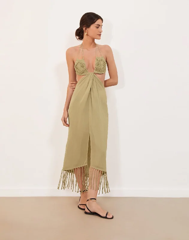 Amra Midi Dress - Olivine Casual Women's Loose - fitting