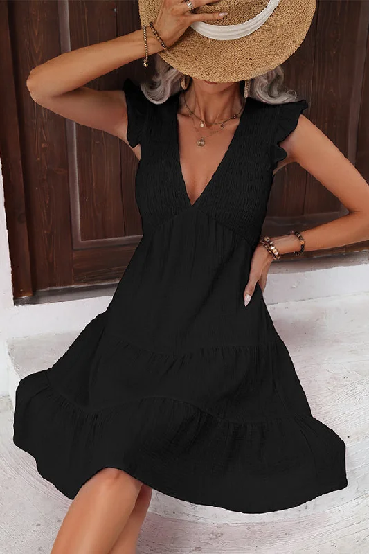 V Neck Solid Smocked Ruffle Hem Mini Dress Trendy Women's Oversized