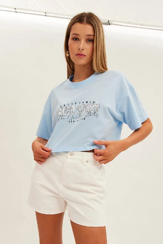 Blue Graphic T-Shirt Crop West Coast Crew Short Sleeve Edgy Women's Punk