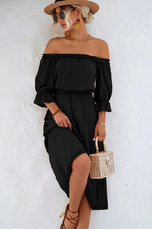 Solid Color Off The Shoulder Frill Casual Dress Youthful Women's Anime - inspired