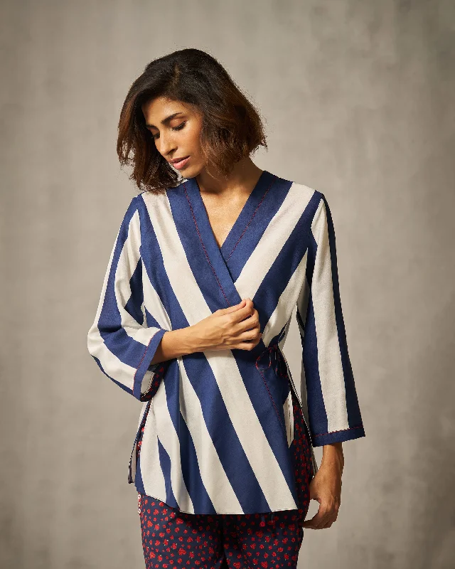 Fern Wrap Top - Navy & Ivory Print Feminine Women's Soft 