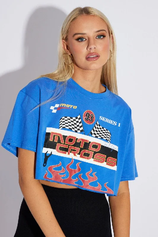 Blue Graphic Tee Motocross Racing Crop Top T-shirt Hip Women's Urban