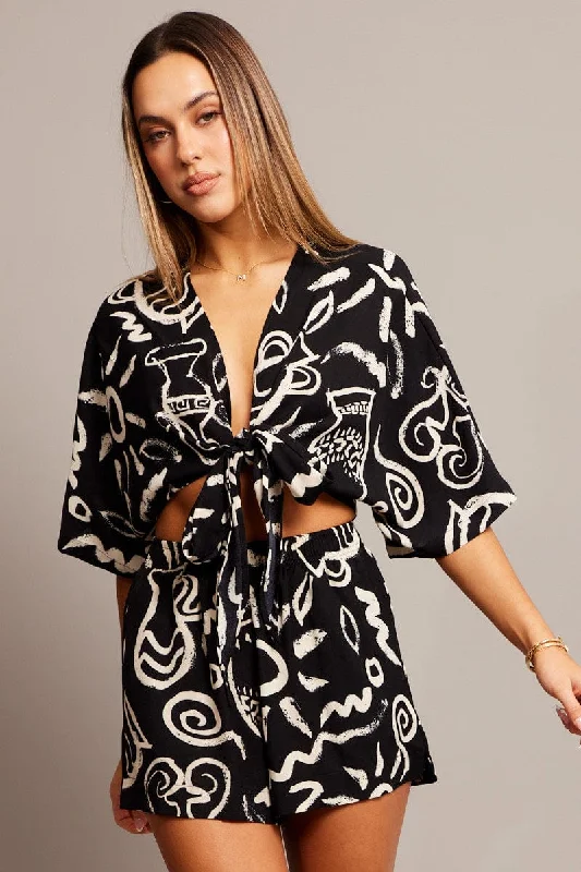 Black Abstract Tie Up Bolero Short Sleeve French