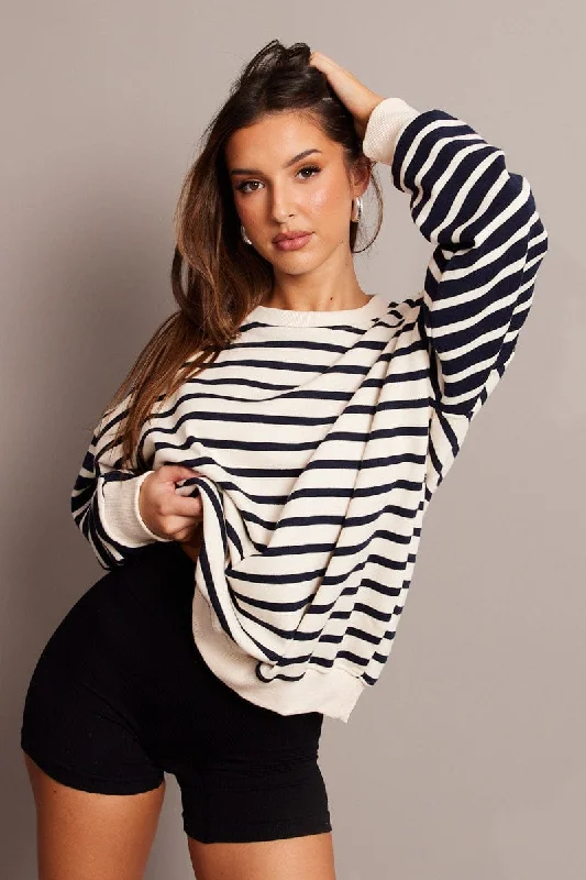 Beige Stripe Sweater Long Sleeve Athletic Women's High - 