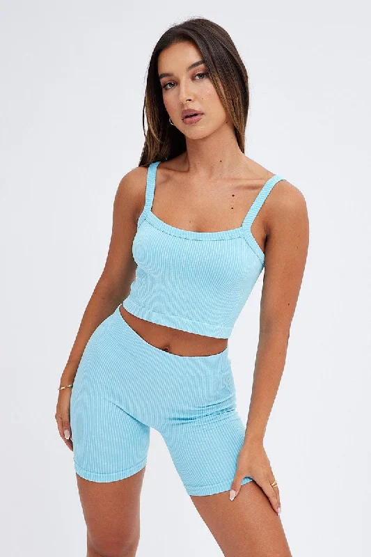 Blue Crop Singlet Top Seamless Traditional Women's Wool