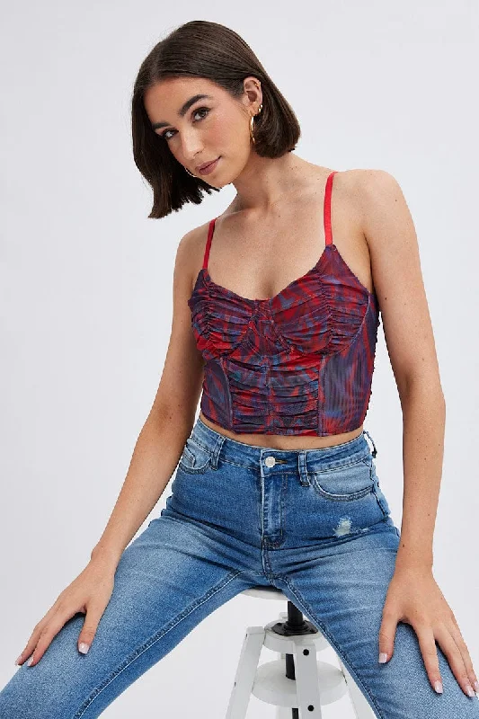 Red Abstract Short Top Sleeveless Abstract Prints Modern Women's 
