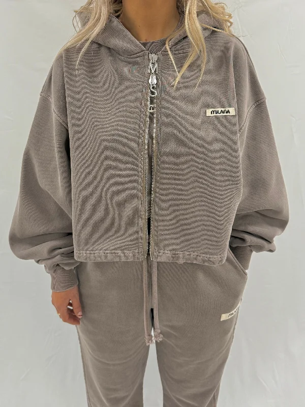 Washed Brown Core Heavyweight Cropped Zip Hoodie. Practical Women's Multi - 