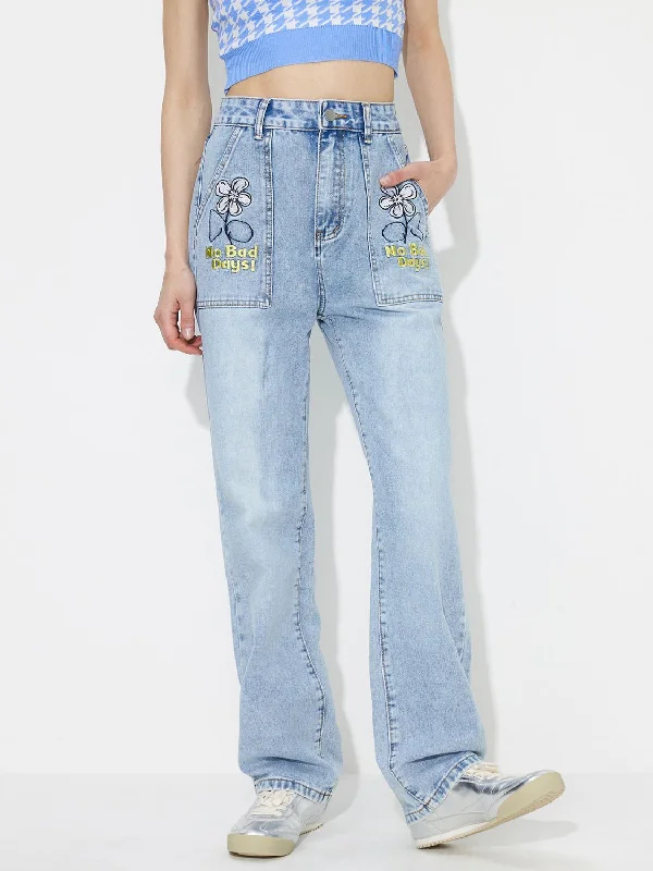 Flower High Rise Straight Leg Jeans with Pockets European