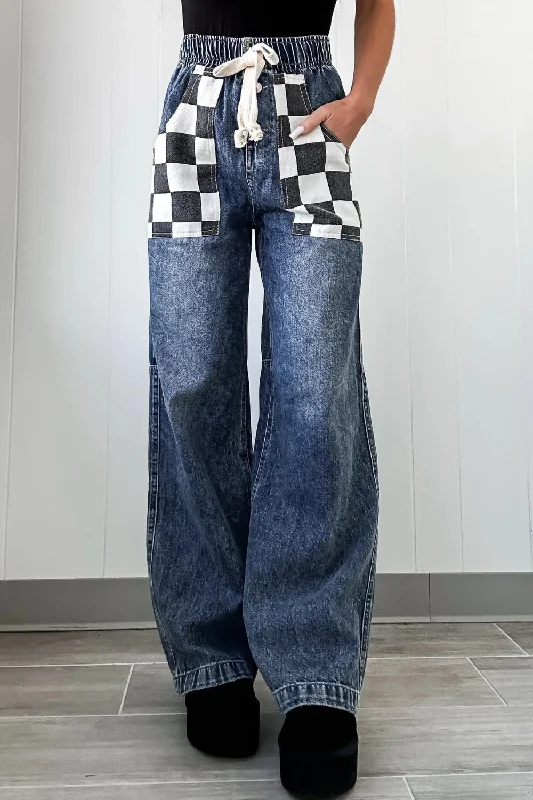 Checkered Wide Leg Jeans Traditional Women's 