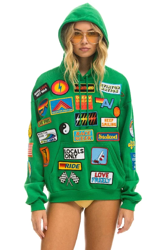 VINTAGE PATCH RELAXED PULLOVER HOODIE- KELLY GREEN Stylish Women's Neon