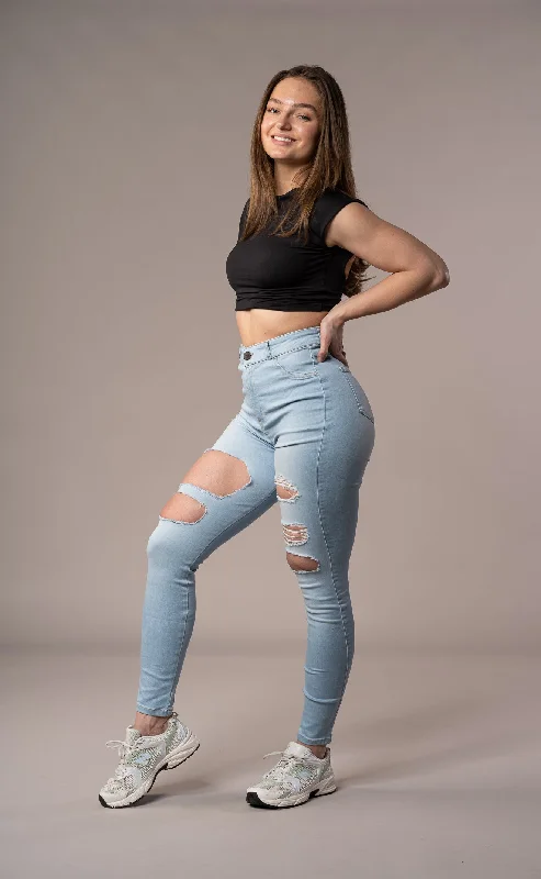 Womens Regular Super Ripped High Waisted Fitjeans - Vintage Blue British Gentlewoman Style Womens Regular Super Ripped High Waisted Fitjeans - Vintage Blue British Gentlewoman Style
