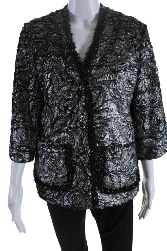 Chanel Womens Silk Metallic Faux Fur Buttoned Jacket Silver Black SIze EUR 36 Tough Women's Military - inspired