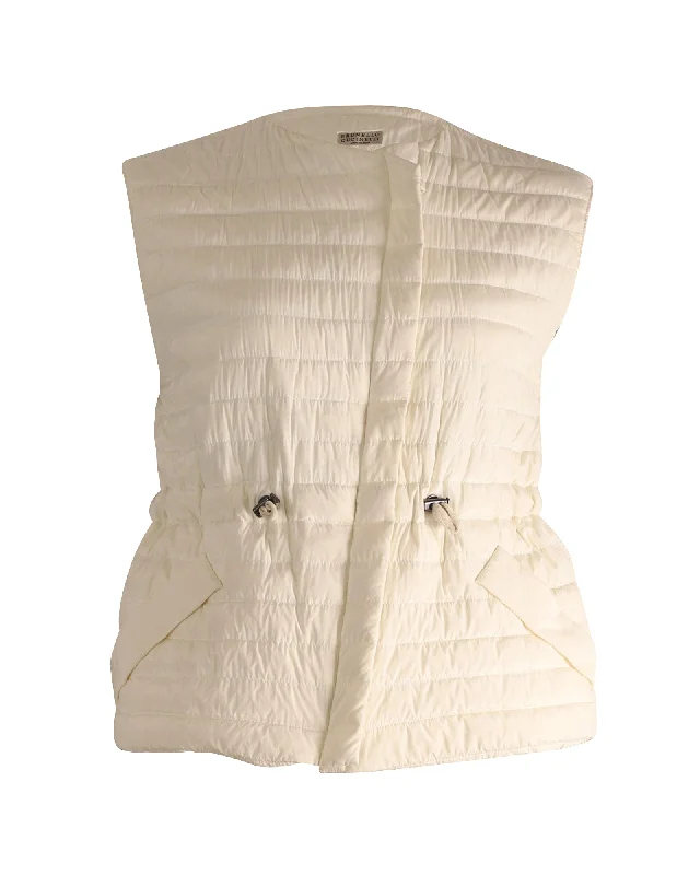 Brunello Cucinelli Puffer Vest in Ecru Silk Dapper Women's 1920S