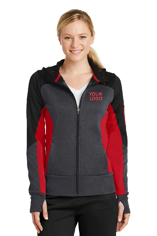 Sport-Tek Ladies Tech Fleece Colorblock Branded Full-Zip Hooded Jackets, Black/ Graphite Heather/ True Red Stylish Women's Tropical 