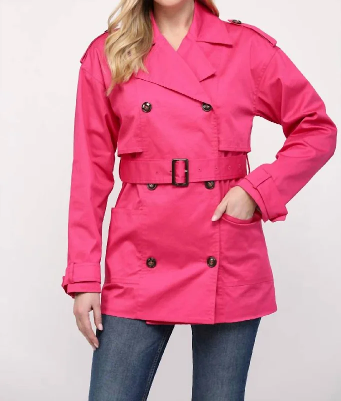 Belted Short Trench Coat In Fuchsia Business
