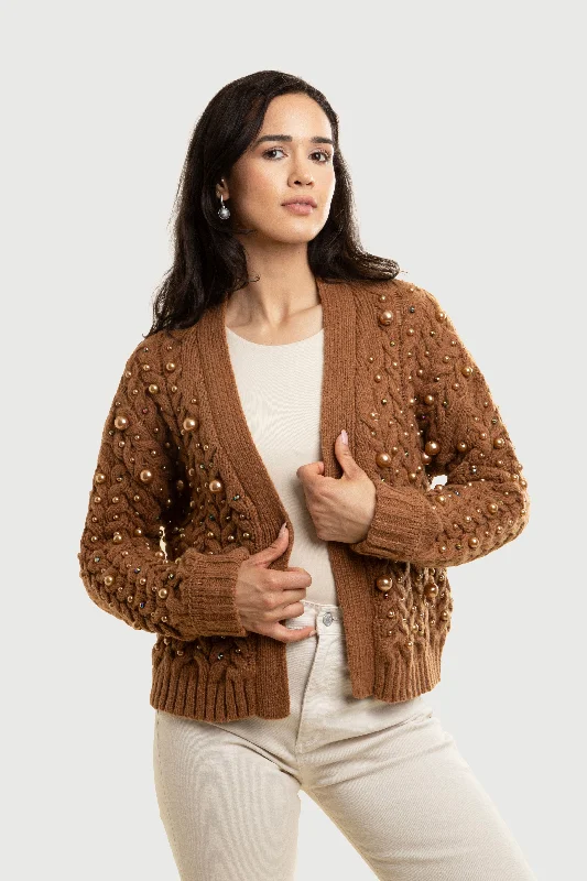Holiday Cardigan Pearl Knit in Brown Geometric
