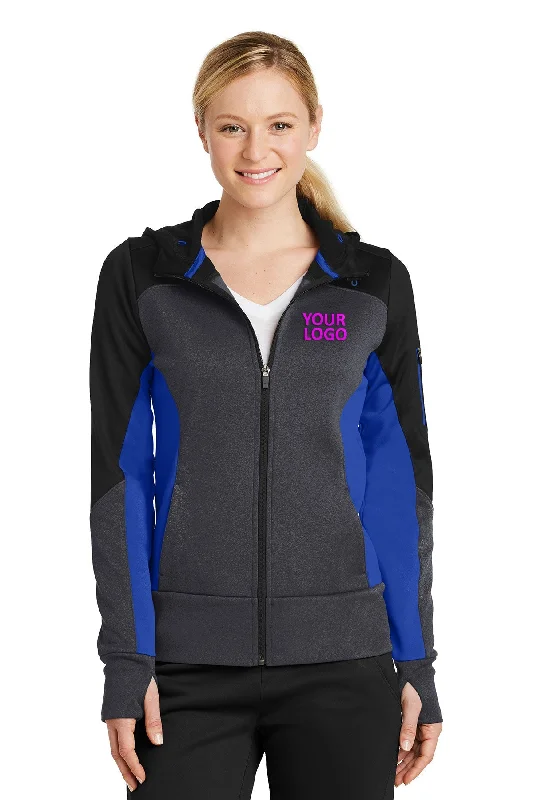 Sport-Tek Ladies Tech Fleece Colorblock Customized Full-Zip Hooded Jackets, Black/ Graphite Heather/ True Royal Bold Women's Statement