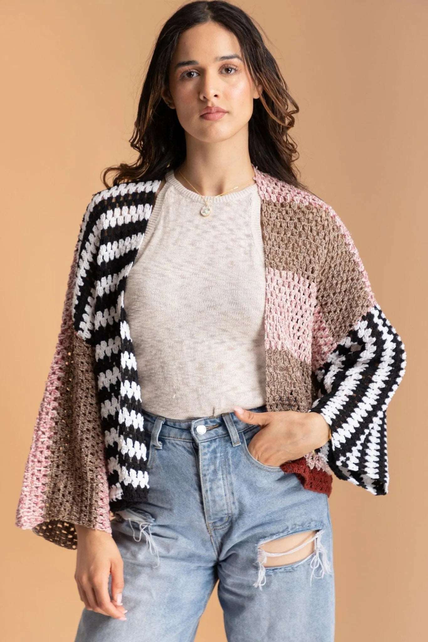 Crochet Granny Square Pattern Jacket Casual Women's Japanese 