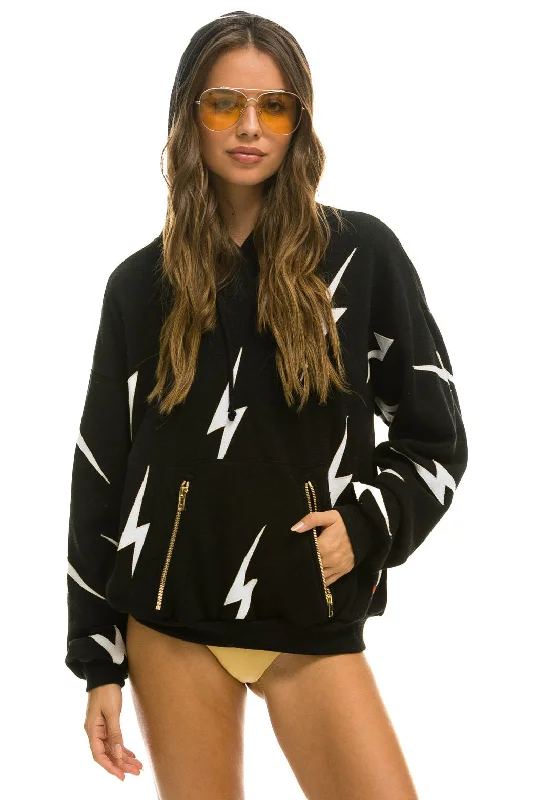 BOLT STITCH REPEAT RELAXED PULLOVER HOODIE WITH POCKET ZIPPERS - BLACK // WHITE Confident Women's Power BOLT STITCH REPEAT RELAXED PULLOVER HOODIE WITH POCKET ZIPPERS - BLACK // WHITE Confident Women's Power